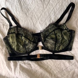 Green and black lace bondage style bra